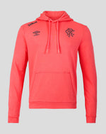 Red hoodie with logos on a gray background