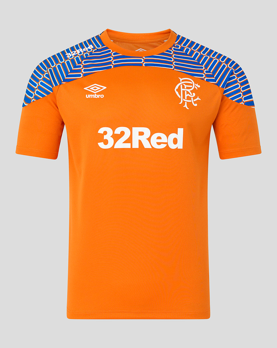 An orange short-sleeve football jersey with blue and white patterned shoulder panels, featuring the white Umbro logo and the Rangers crest on the chest, and '32Red' printed in white across the front.