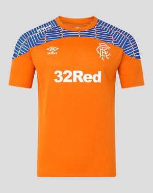 An orange short-sleeve football jersey with blue and white patterned shoulder panels, featuring the white Umbro logo and the Rangers crest on the chest, and '32Red' printed in white across the front.