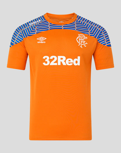 An orange short-sleeve football jersey with blue and white patterned shoulder panels, featuring the white Umbro logo and the Rangers crest on the chest, and '32Red' printed in white across the front.