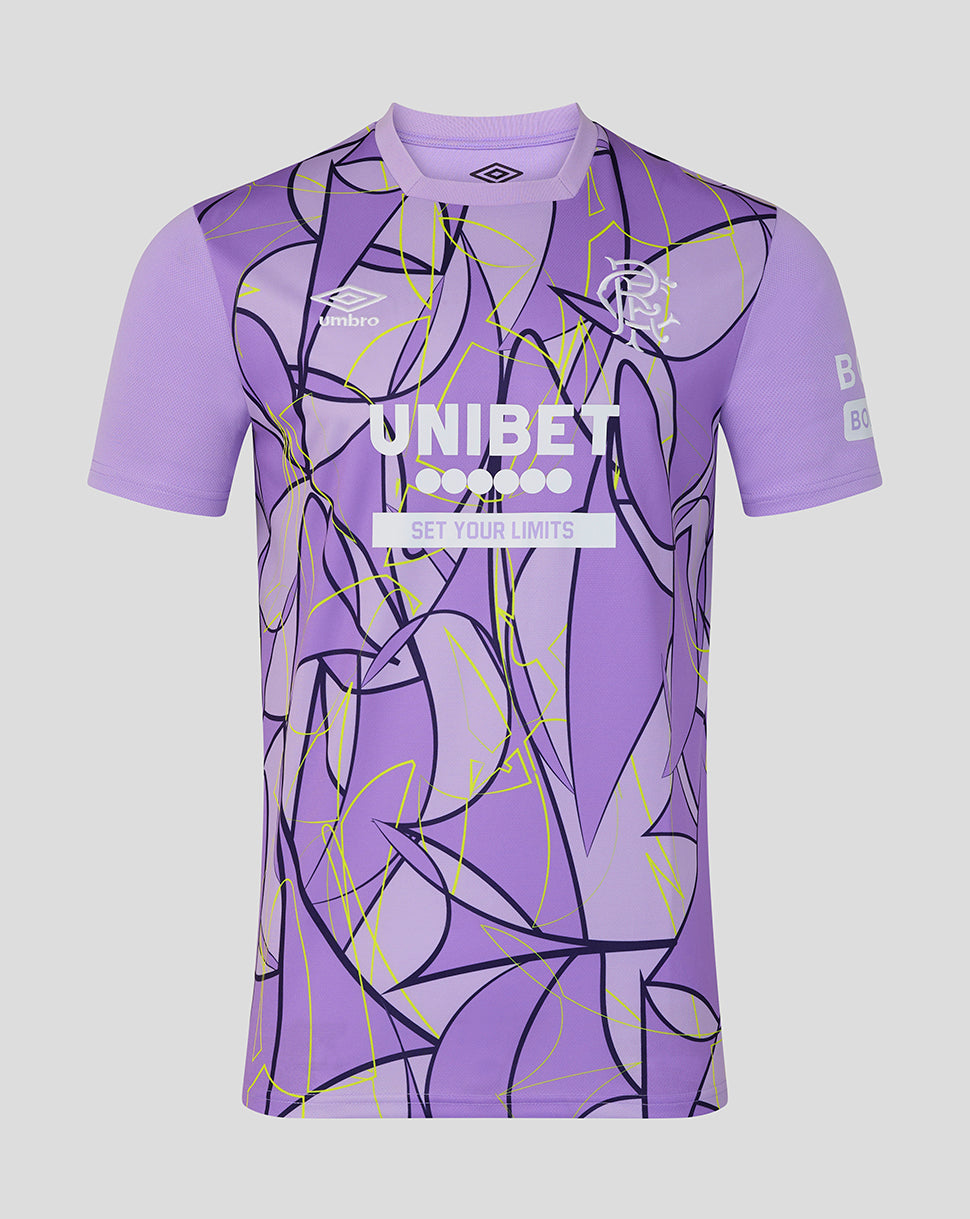 A short-sleeve purple football jersey with an abstract graffiti-style pattern in black and yellow, featuring the Umbro logo, Rangers crest, and 'UNIBET' sponsor text on the front, shown against a light gray background.