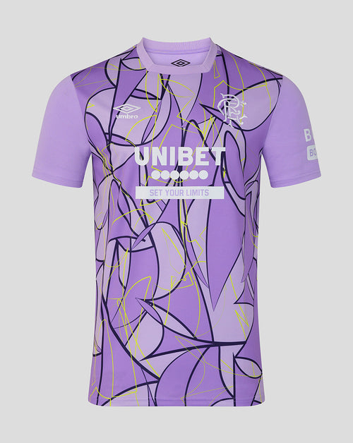 A short-sleeve purple football jersey with an abstract graffiti-style pattern in black and yellow, featuring the Umbro logo, Rangers crest, and 'UNIBET' sponsor text on the front, shown against a light gray background.