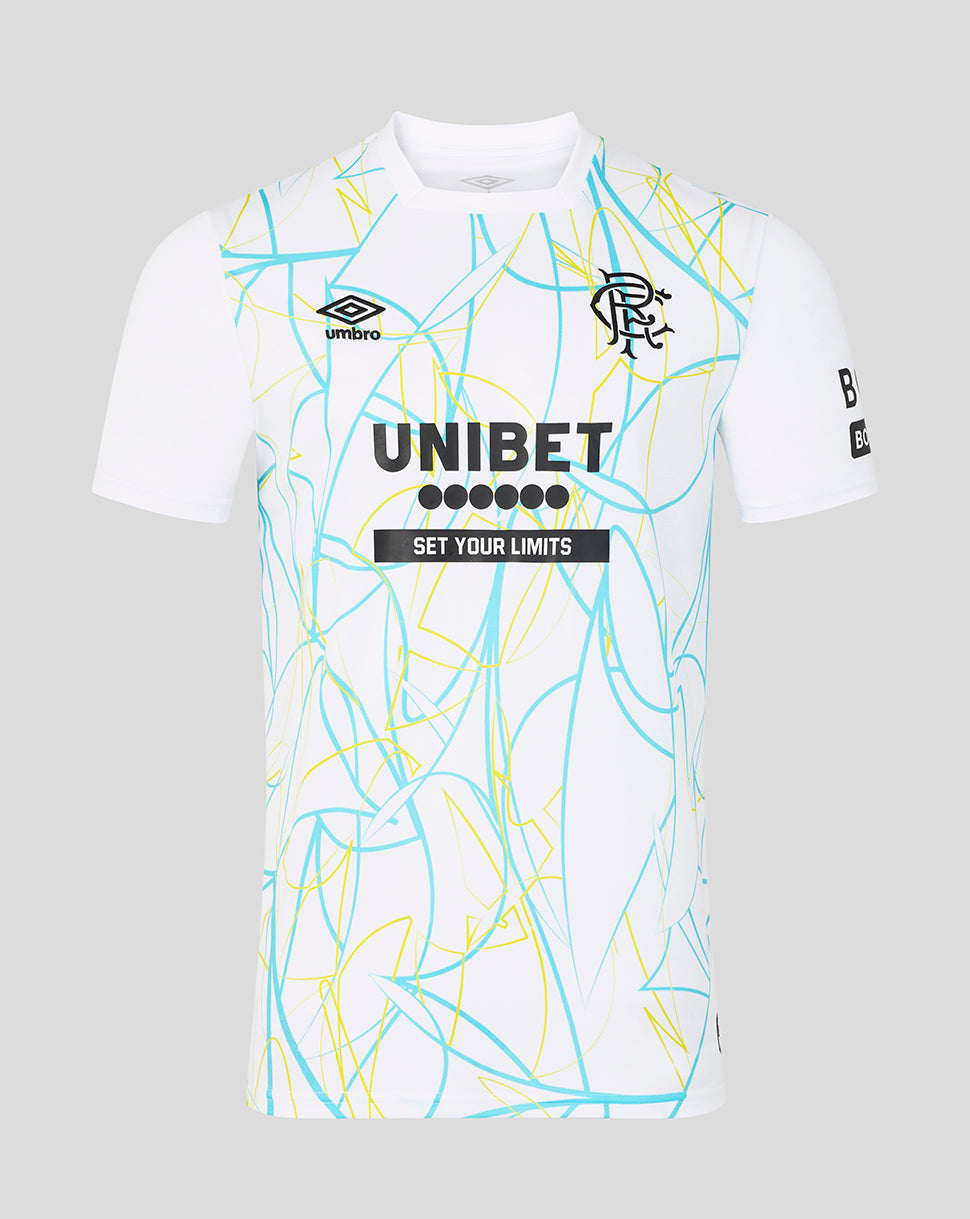 White sports jersey with blue and yellow abstract patterns on a gray background