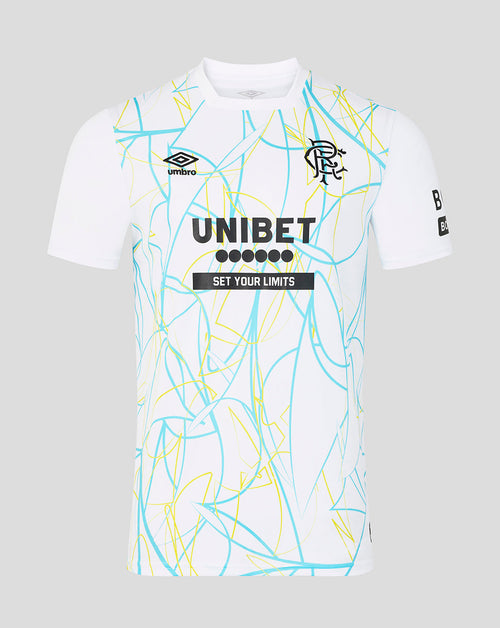 White sports jersey with blue and yellow abstract patterns on a gray background