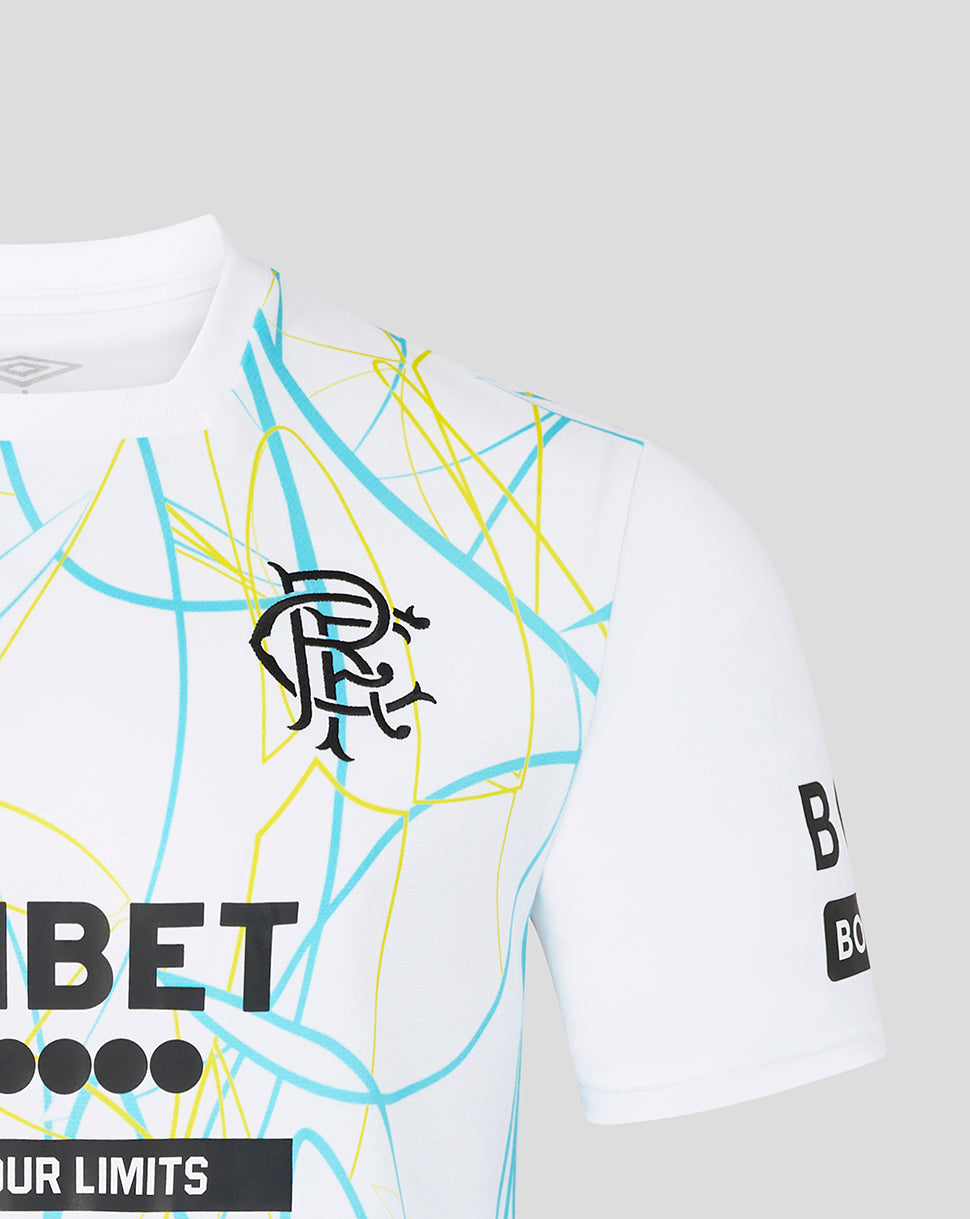 White sports jersey with blue and yellow abstract design, black logo, and text on a white background