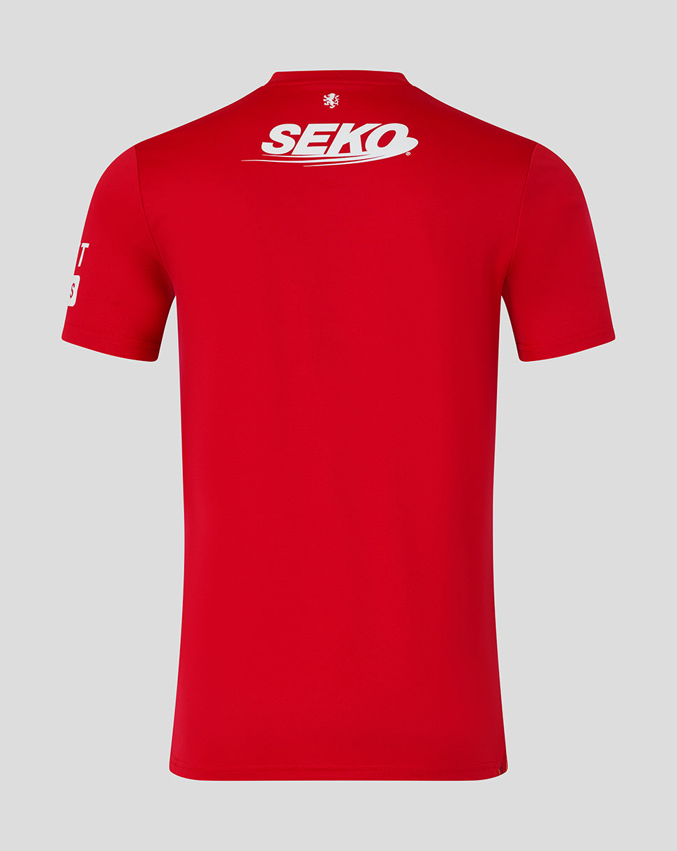 Red t-shirt with 'SEKO' logo on the back against a gray background