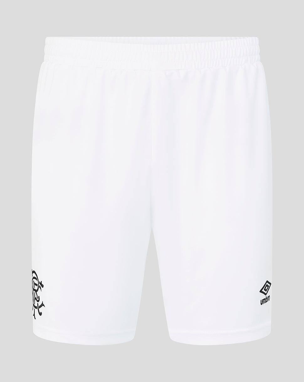 White shorts with black logos on a light gray background