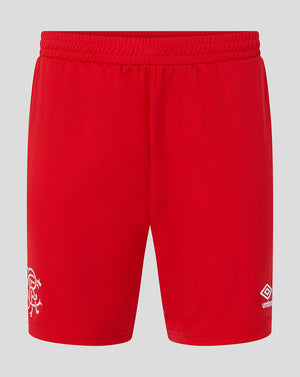 Red shorts with a logo on a gray background