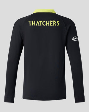 Front view of Bath Rugby Men's European Classic Long Sleeve Shirt in navy with neon yellow Dyson sponsor and crest.