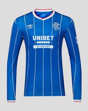 Blue sports jersey with white accents and branding on a gray background