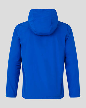 A bright royal blue hooded jacket shown from the back, displayed on a solid light gray background.
