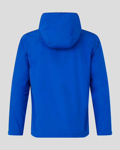 A bright royal blue hooded jacket shown from the back, displayed on a solid light gray background.