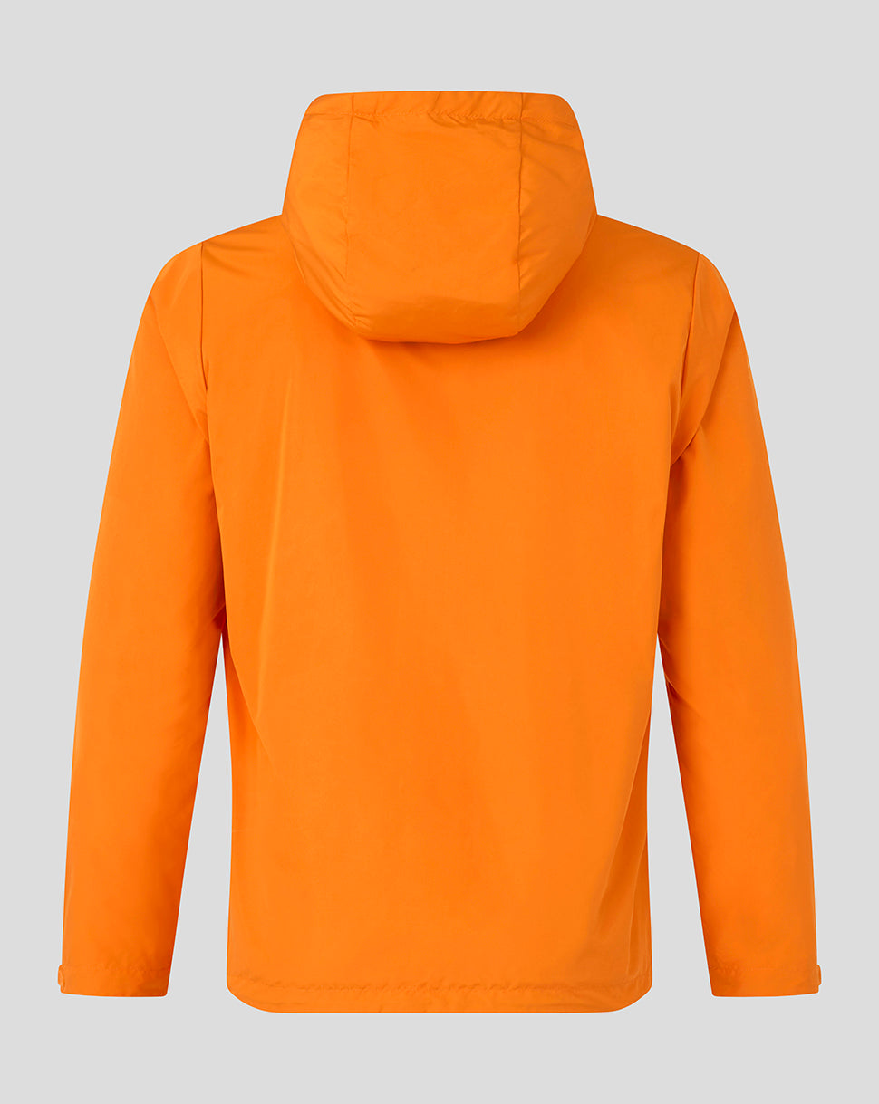 Bright orange hooded jacket shown from the back on a light gray background.