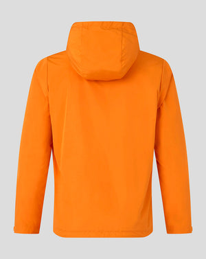 Bright orange hooded jacket shown from the back on a light gray background.