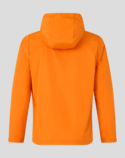 Bright orange hooded jacket shown from the back on a light gray background.