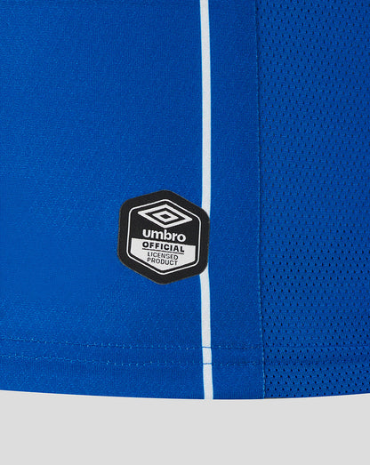 Blue sports shorts with a visible Umbro logo on a white background