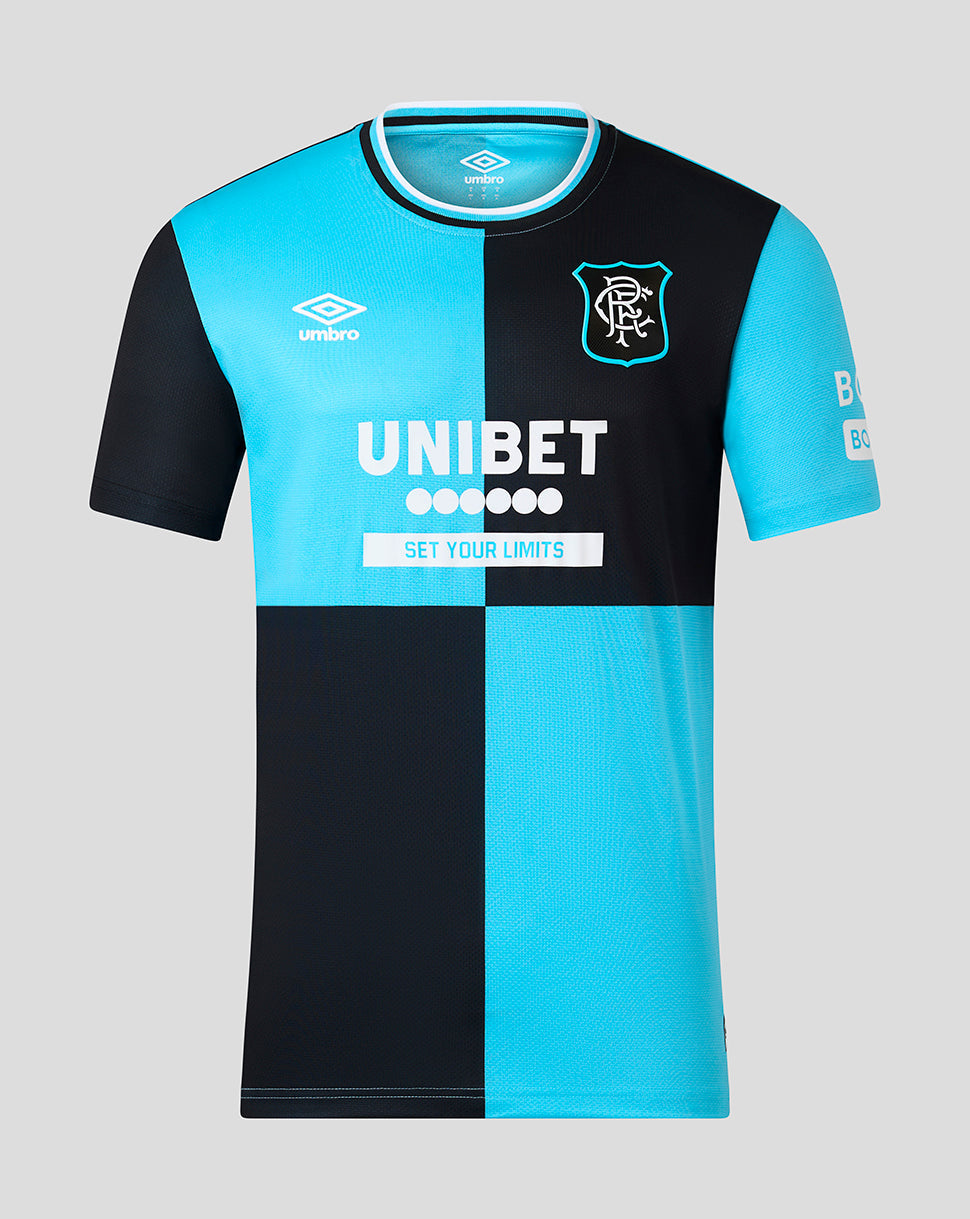 A short-sleeve soccer jersey with a vertical color-blocked design in bright cyan and black. The jersey features the Umbro logo on the right chest, the Rangers club crest on the left chest, and 'UNIBET SET YOUR LIMITS' printed across the center.