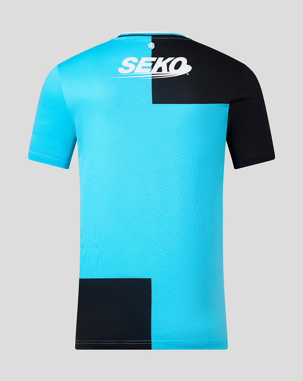 A short-sleeve athletic jersey shown from the back, featuring a bright cyan and black color-blocked design with a white 'SEKO' logo across the upper back, set against a solid light gray background.