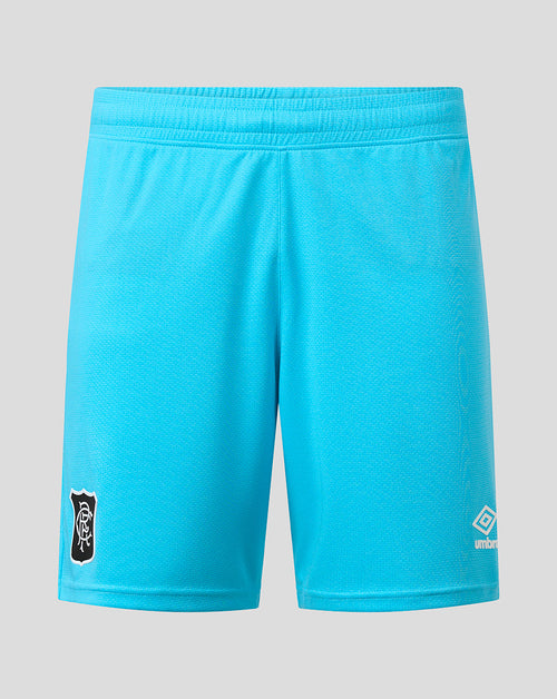 Bright turquoise soccer shorts with an elastic waistband, featuring a black and white club crest on the left leg and a white Umbro logo on the right leg, shown against a solid gray background.