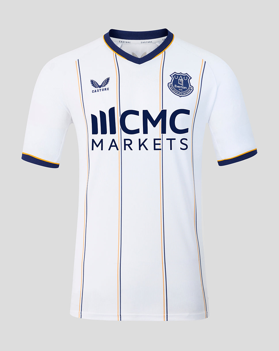 White Everton away shirt front with navy and orange vertical stripes, club crest and large sponsor logo.