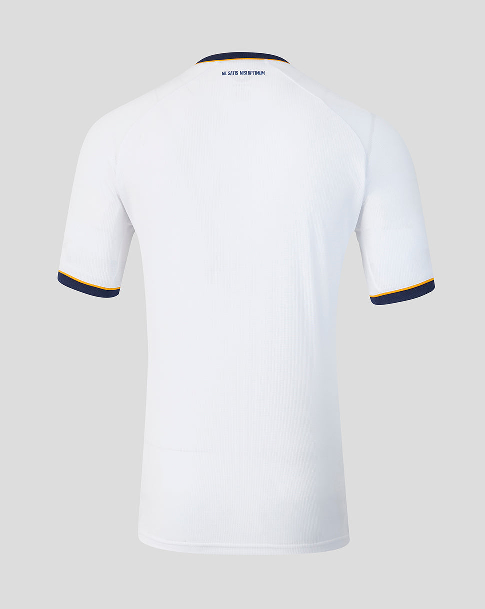 Back view of white Everton away shirt with navy collar and sleeve trim.