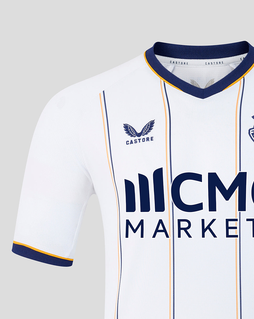 Partial front view of white Everton away shirt featuring navy and gold vertical stripes and ICMC MARKETS sponsor