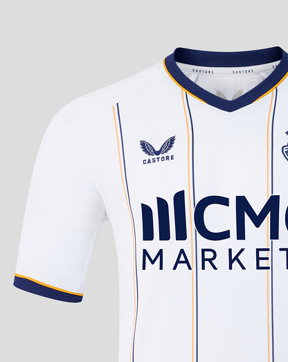 Partial front view of white Everton away shirt featuring navy and gold vertical stripes and ICMC MARKETS sponsor