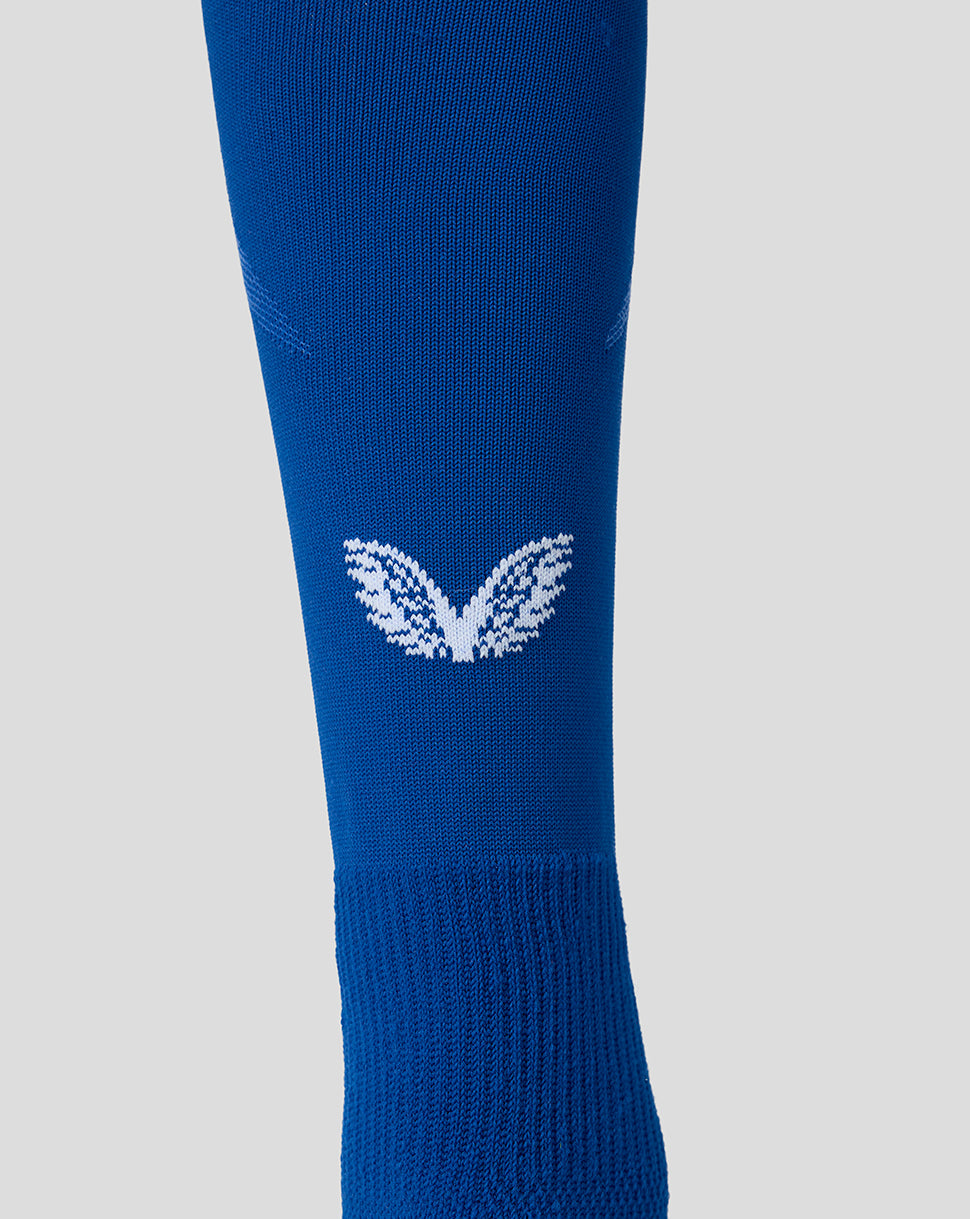 Blue sock with a white logo on a light gray background