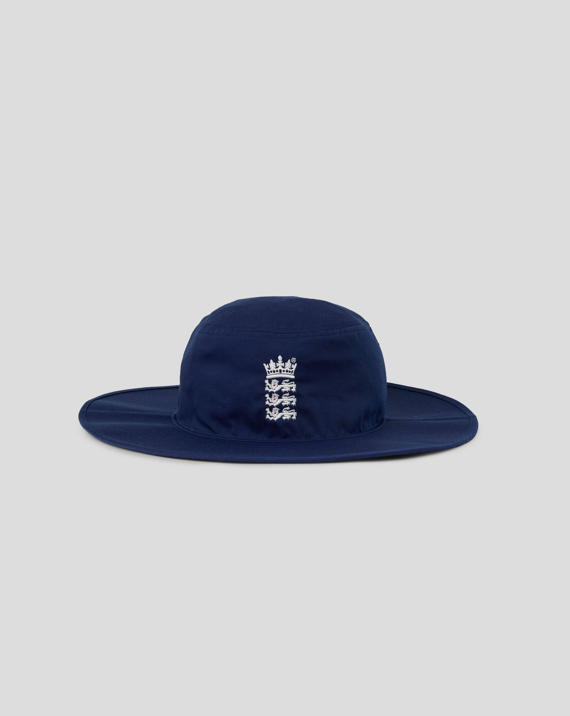 Navy blue hat with a logo on a light gray background