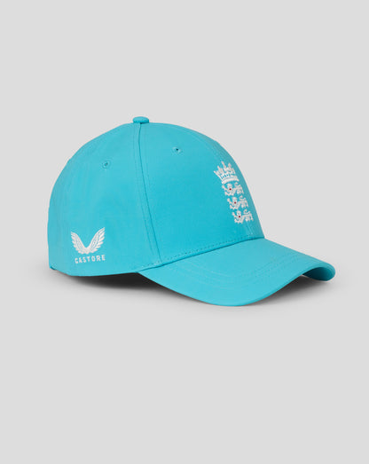 Turquoise baseball cap with white text and logo on a light gray background