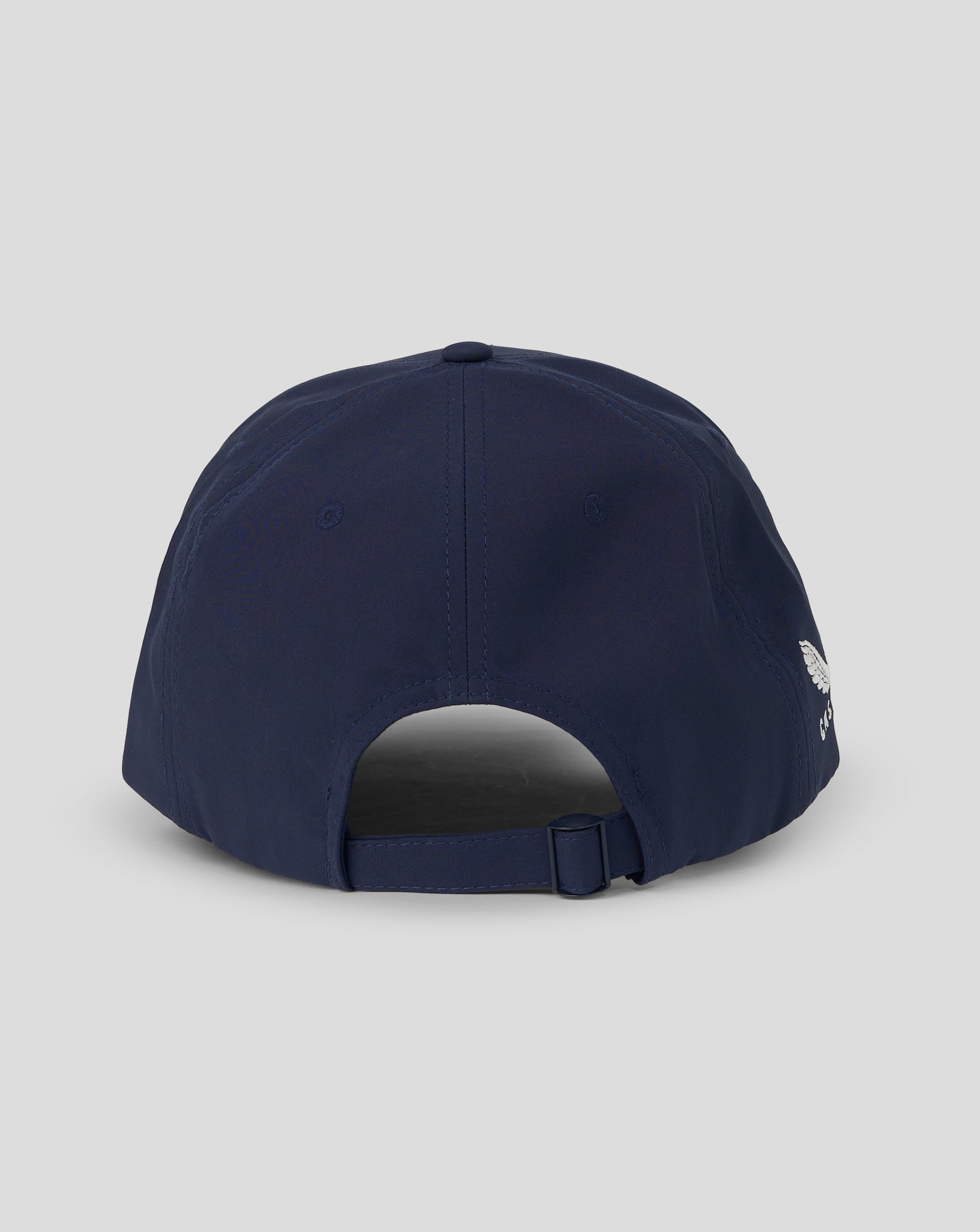 Navy blue cap with a brand logo on the back against a light gray background
