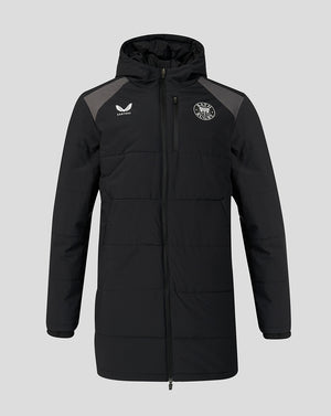 A black hooded puffer jacket with gray shoulder panels, featuring the white Ermenego logo on the right chest and a white circular crest on the left chest, displayed against a solid gray background.