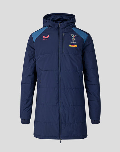 Navy blue winter jacket with brand logos on a light gray background