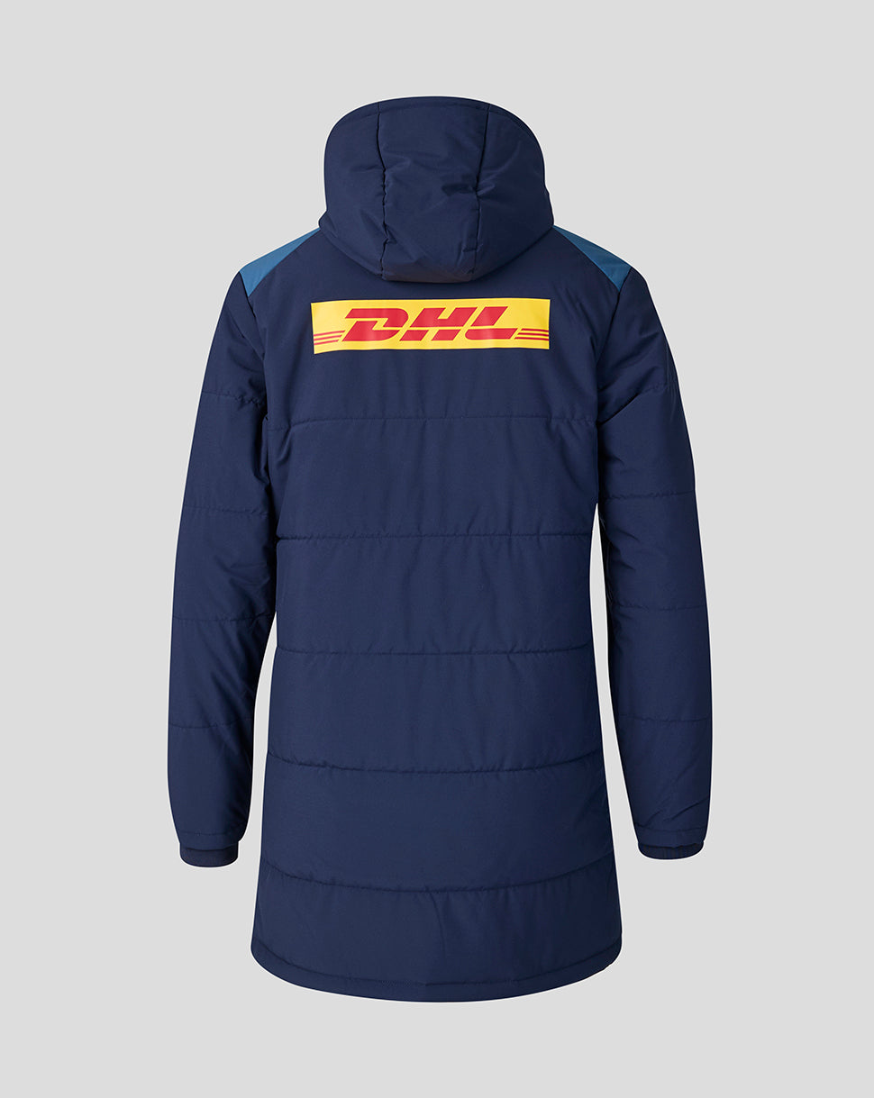 Navy blue jacket with DHL logo on a gray background