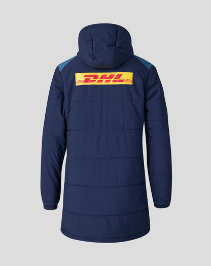 Navy blue jacket with DHL logo on a gray background