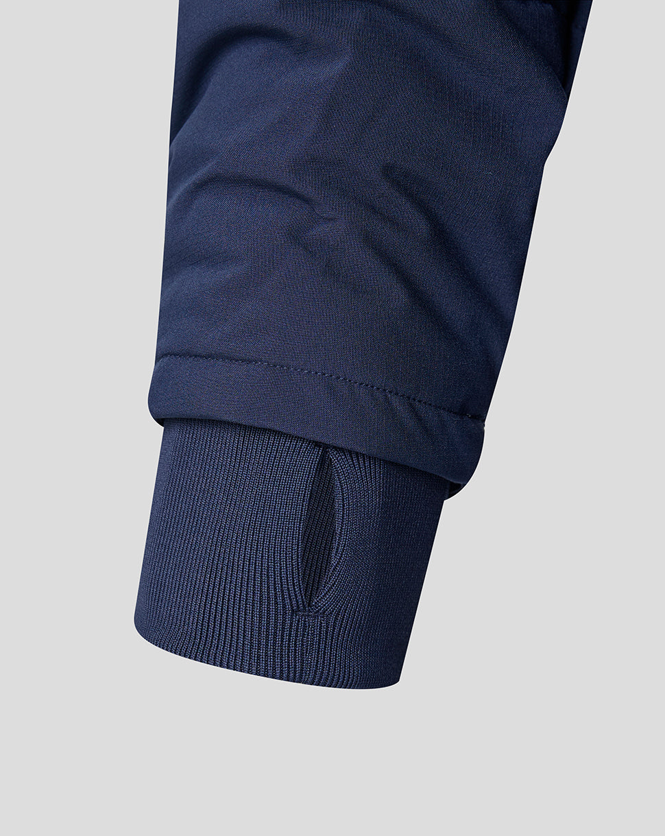 Close-up of navy blue jacket on a light gray background