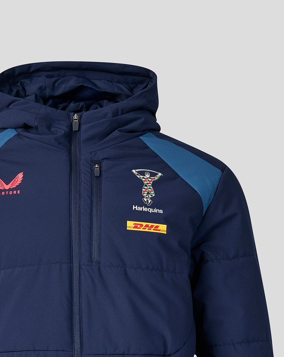 Navy blue jacket with Harlequins and DHL logos on a light gray background