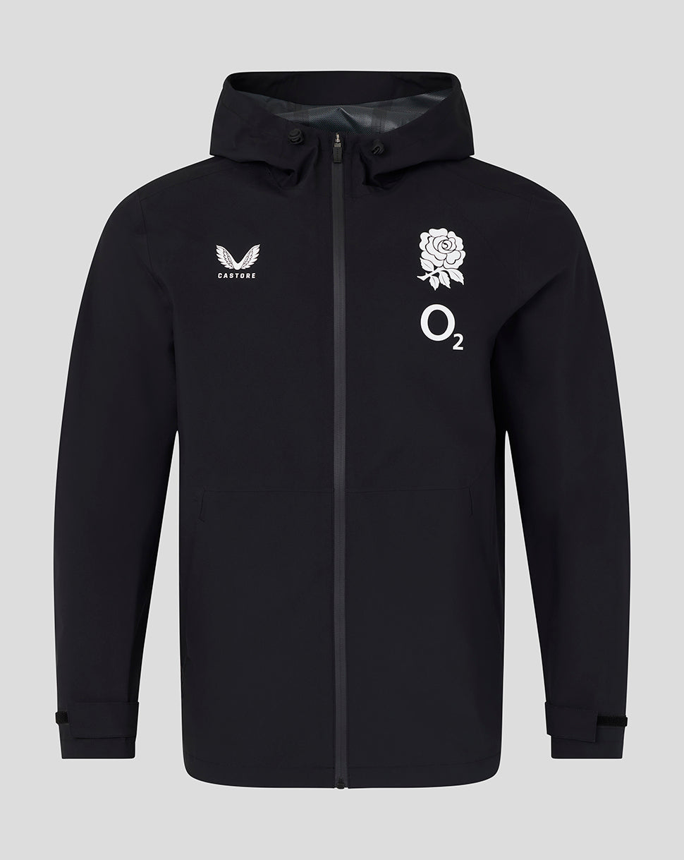 Black jacket with logos on a gray background