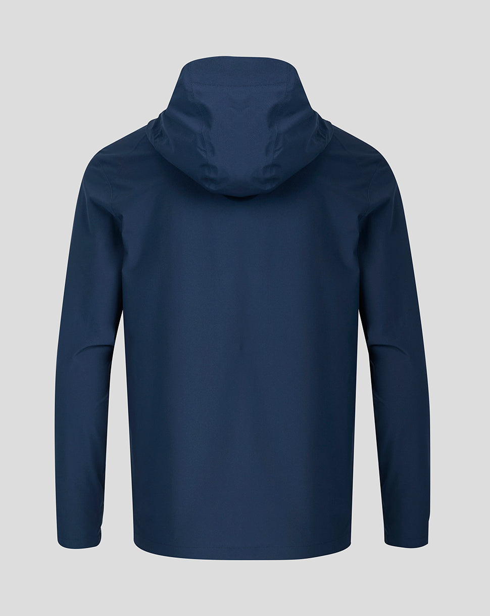 Back view of navy Leicester Tigers training rain jacket with hood.
