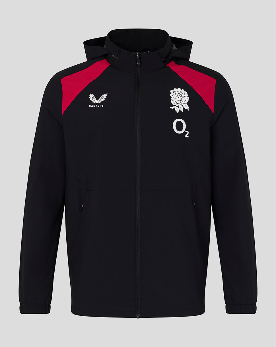 Black jacket with red accents featuring sports logos on a gray background