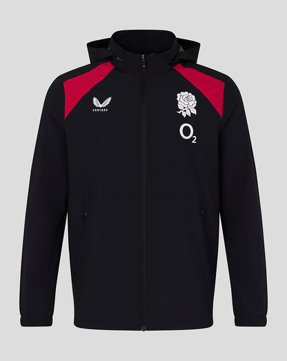 Black jacket with red accents featuring sports logos on a gray background