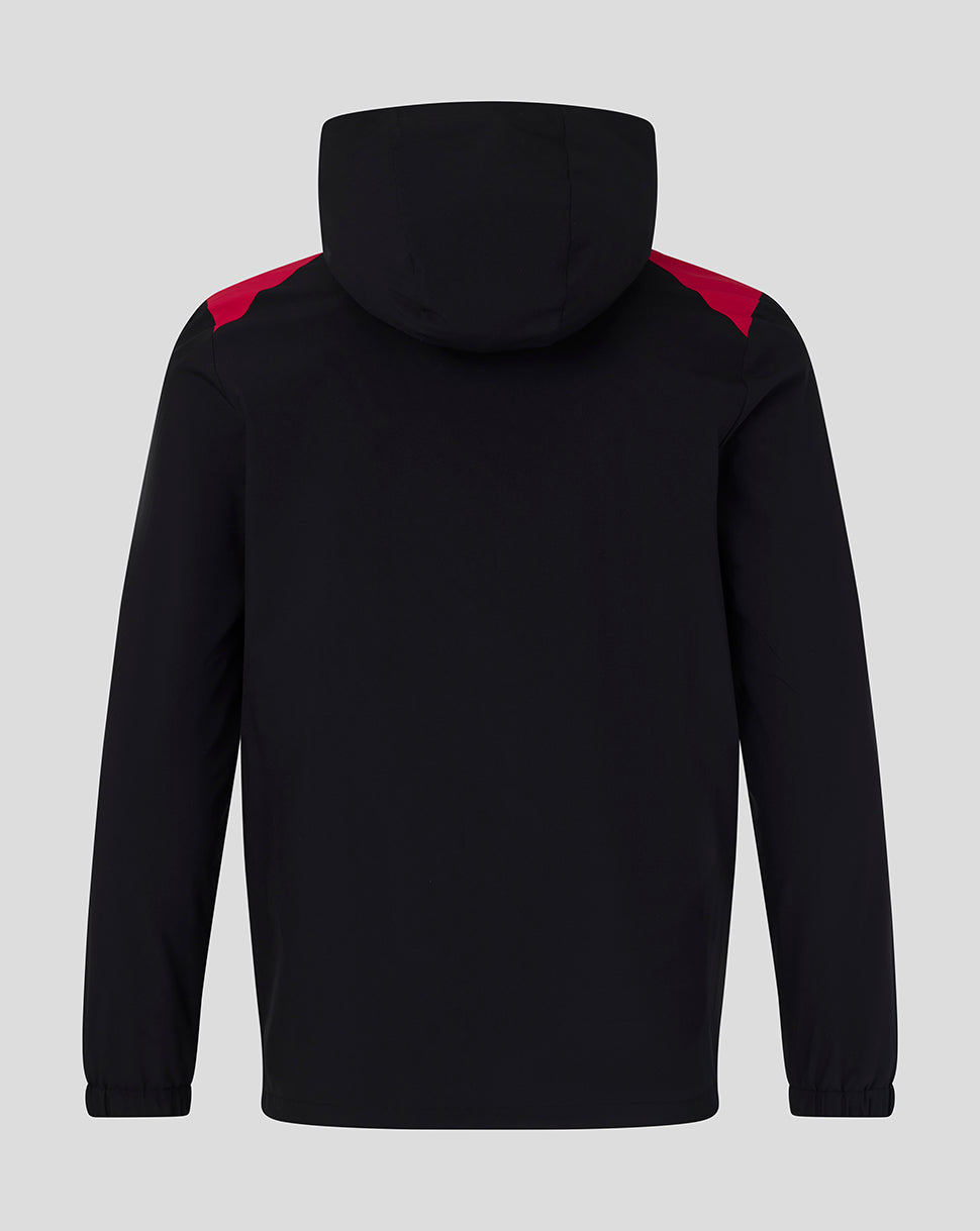 Black hoodie with red accents on a light gray background