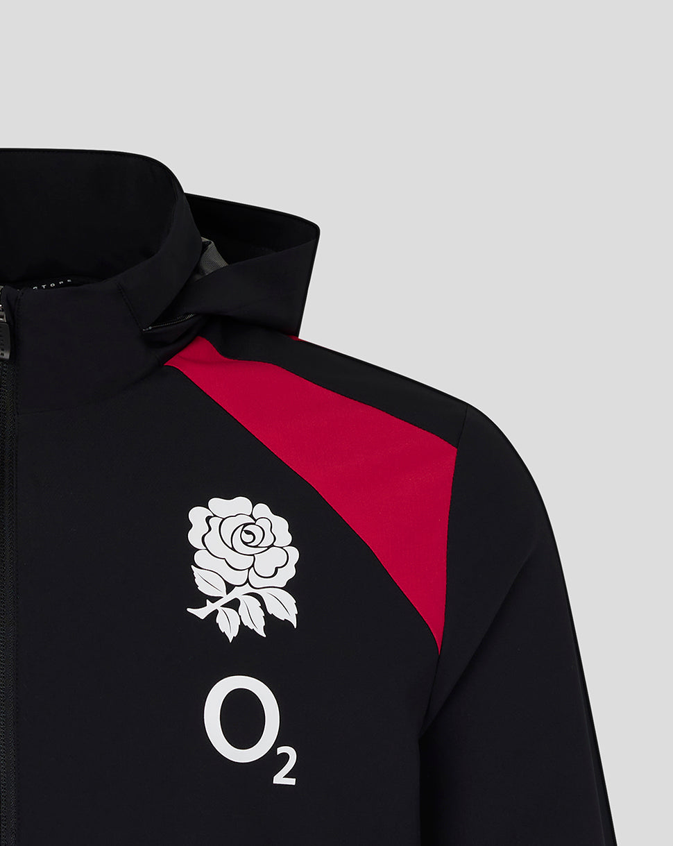 Black jacket with red accents and a white rose emblem on a gray background