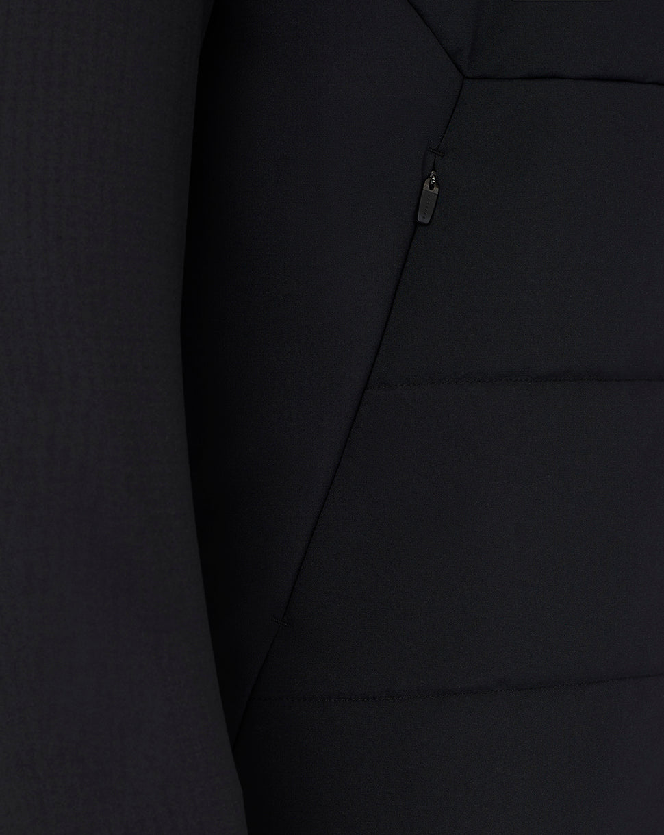 Close-up of a black jacket with a zipper detail