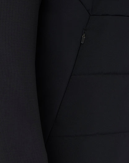 Close-up of a black jacket with a zipper detail