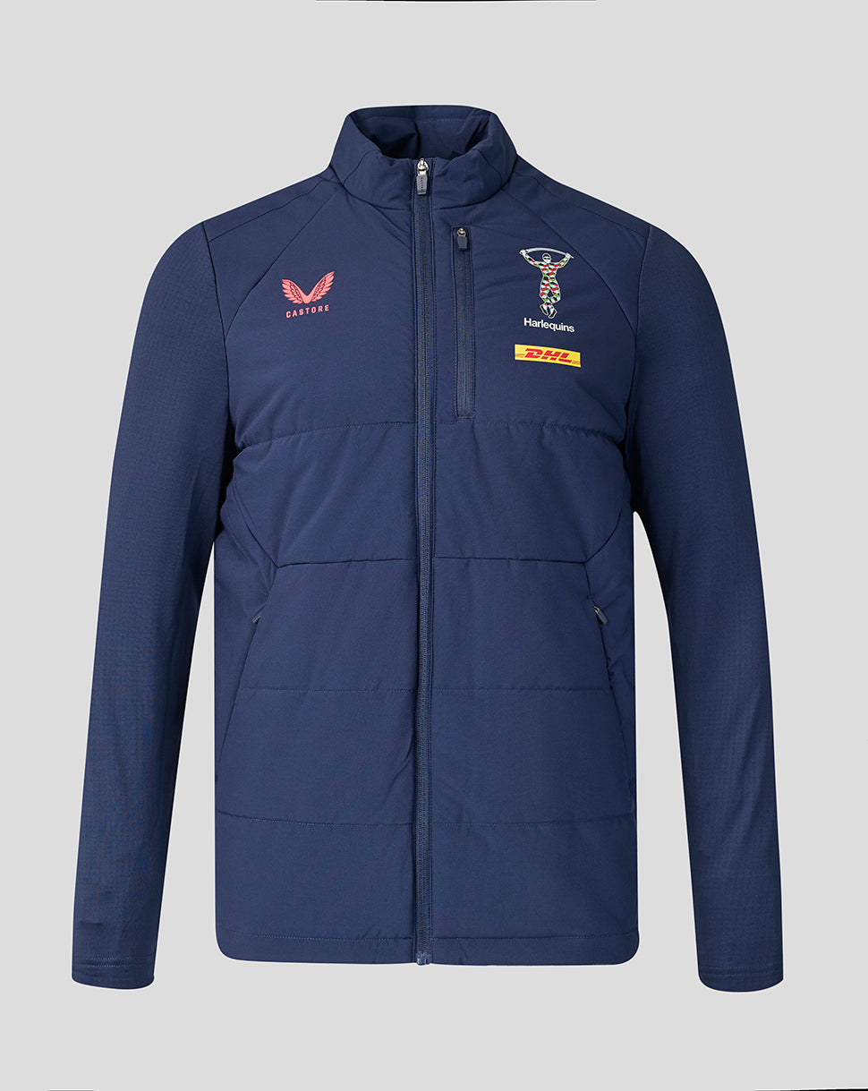 Navy blue jacket with logos on a light gray background