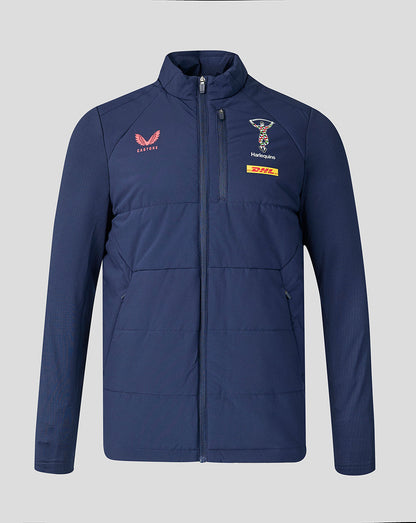 Navy blue jacket with logos on a light gray background