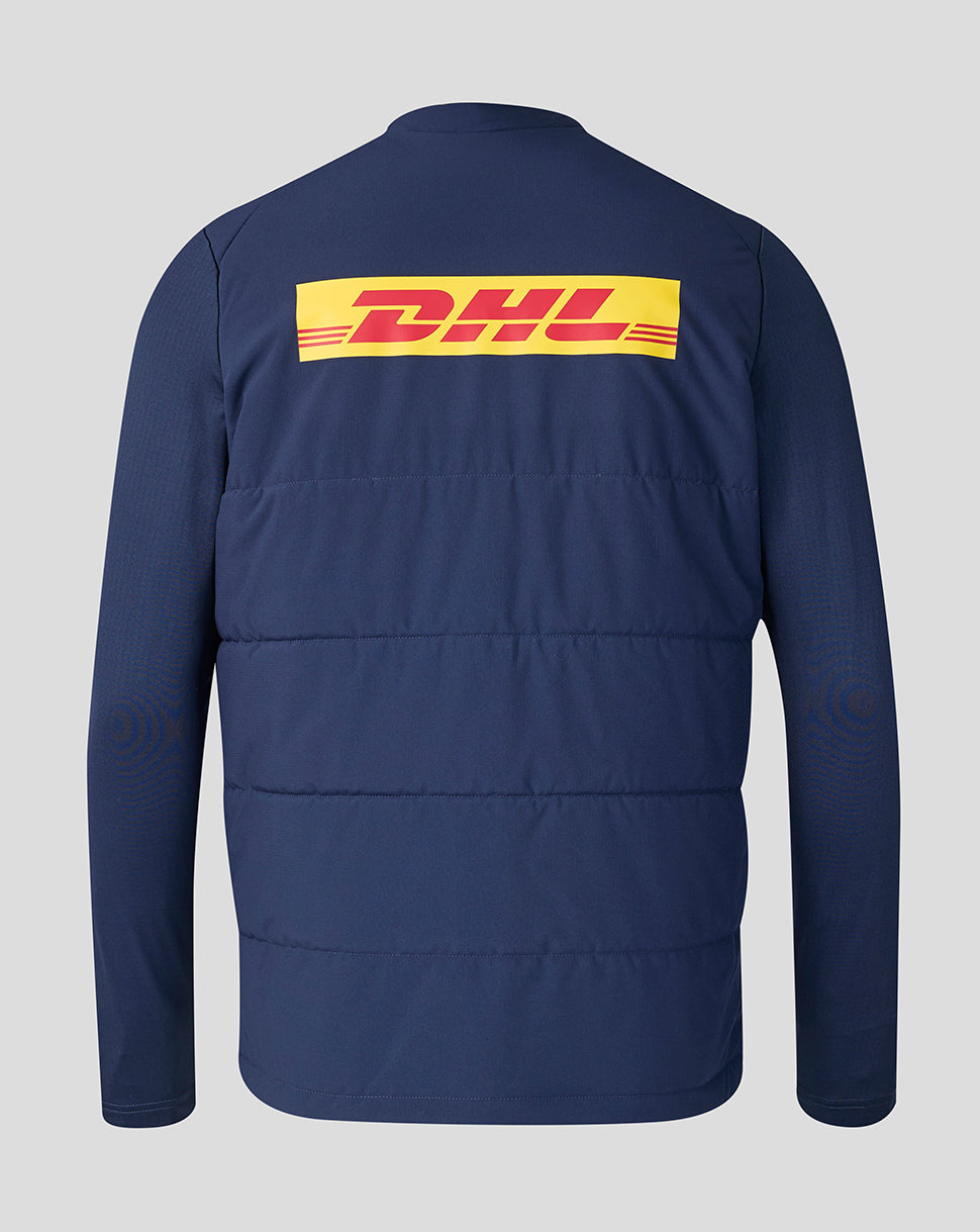 Navy blue jacket with DHL logo on the back against a gray background