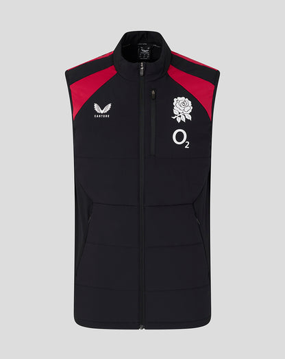 Black and red vest with logos on a gray background
