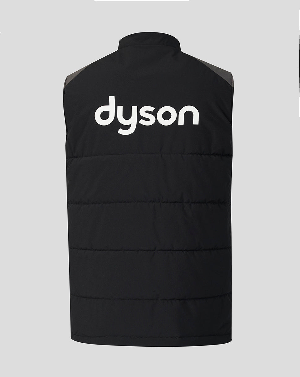 Back view of black Bath Rugby training gilet with a large white Dyson logo